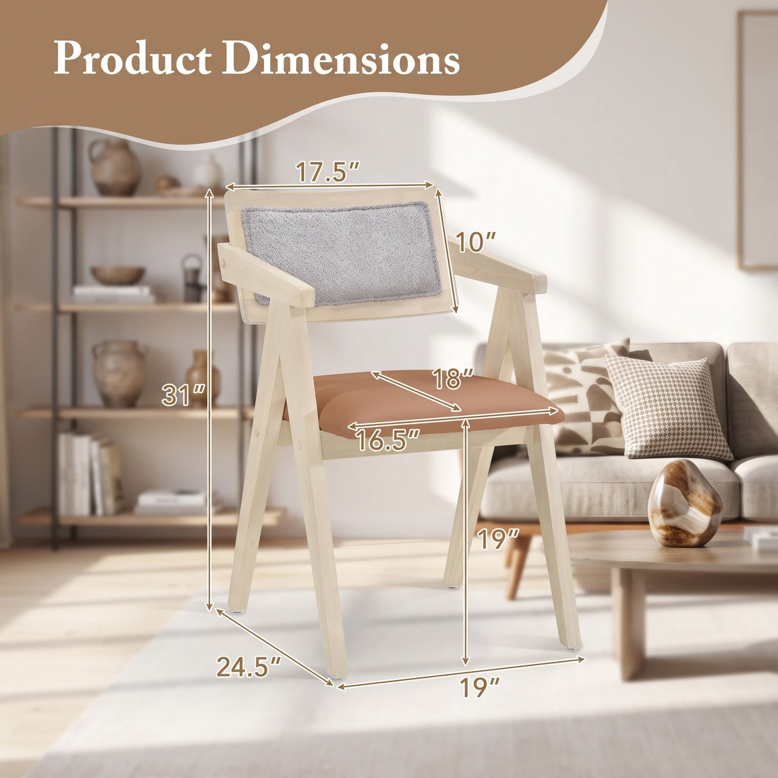Furnibear Mid Century Modern Accent Chairs Set of 2, Upholstered Leathaire Armchair with Solid Rubber Wood Frame, Sherpa Backrest Living Room Bedroom Side Chair, Beige