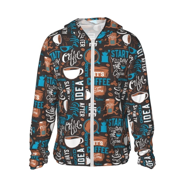 Balery Coffee Lover Print Sudadera ligera de manga larga con capucha y protección solar UPF 50+ para hombre y mujer, ideal para pesca y running-Medium