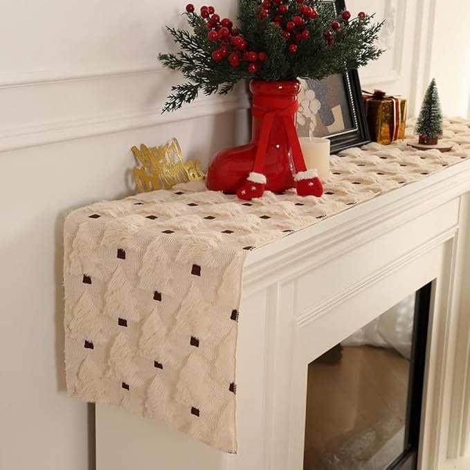 13x108 Inch Soft Plush Faux Fur Jacquard Beige Christmas Tree Table Runner, Seasonal Autumn Kitchen Dining Table Decoration for Home Party Decor