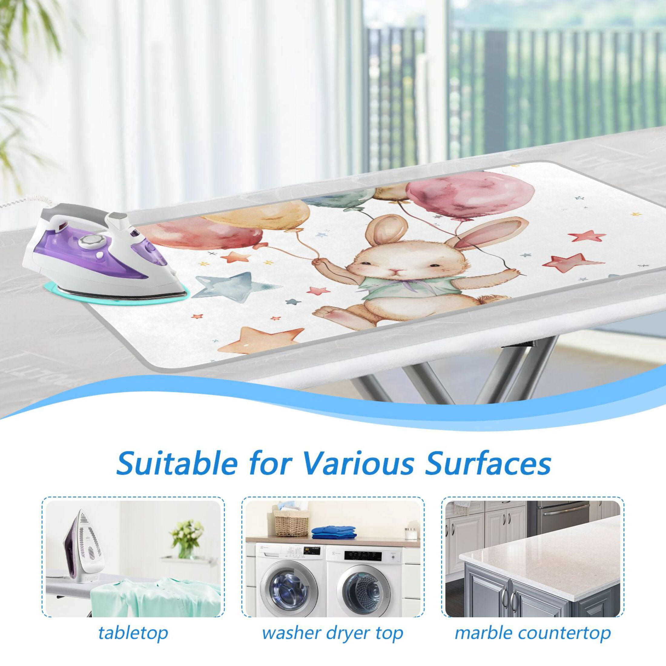 Rabbit Flying with Balloons Ironing Mat Blanket Portable Travel Ironing Pad Heat Resistant Pad 47.2" x 27.6”