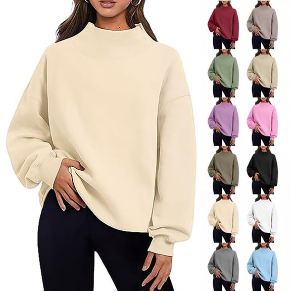 pstuiky Women's Mock Neck Oversized Sweatshirt, Long Sleeve Casual Pullover Top Trendy Solid Color Fall Outfit for Daily Wear