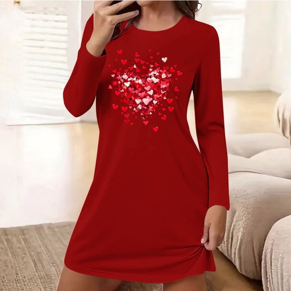 Mifsaly Long Sleeve Nightgowns for Women Romantic Hearts Print T Shirts Dresses Comfortable Home Everyday Sleepwear Dress XXL