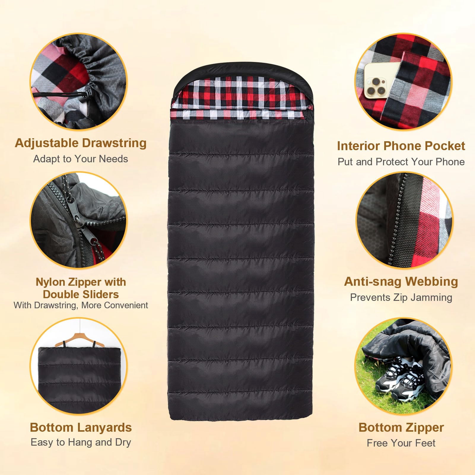 Flannel Sleeping Bag Cotton 0 Degree Cold Weather for Adults XXL Sleeping Bag 4 Season Big and Tall with Pillow Compression Sack (Left Zipper)