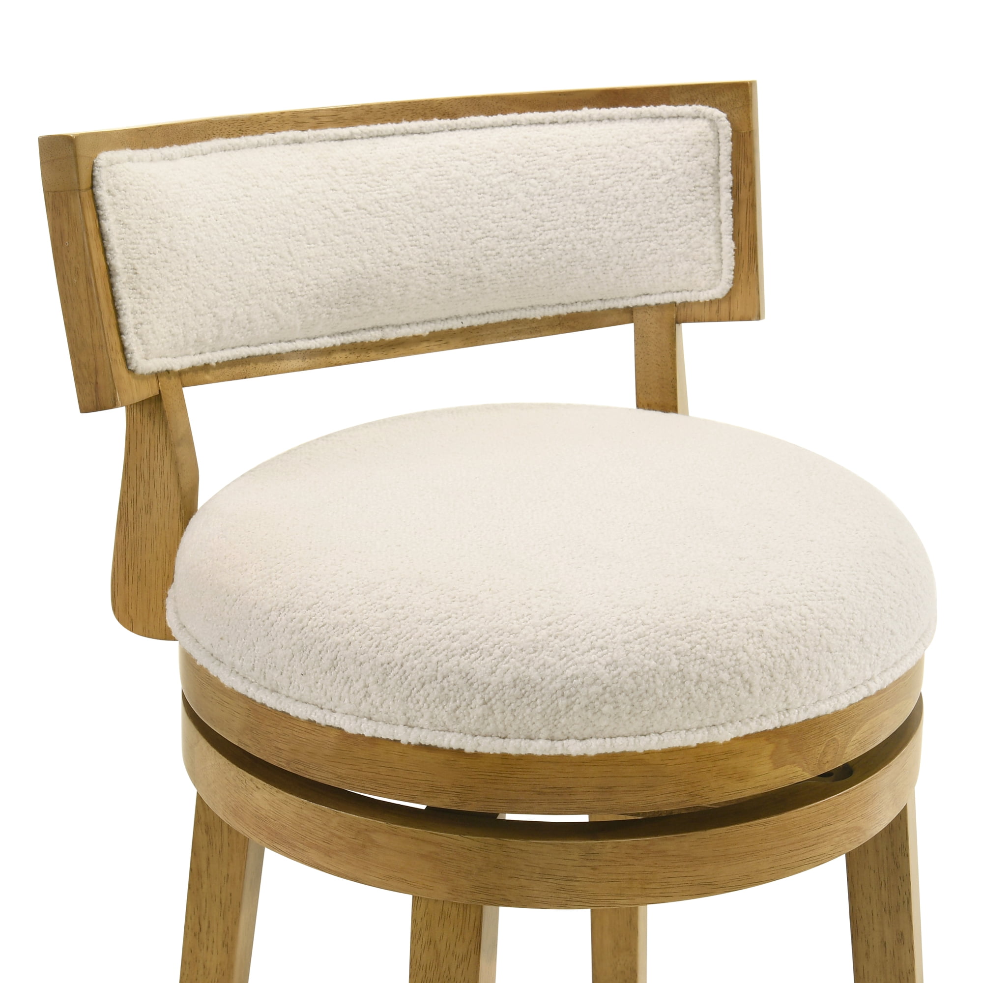 Noely Modern Farmhouse Swivel Wood Counter Height Kitchen Bar Stool in Amber Glow Finish with White Boucle Fabric Upholstered Seat - Set of 4