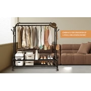 Fybee Heavy Duty Rolling Clothing Rack, Adjustable Double Rod Garment Organizer with 2 Shelves & Hooks, Mobile Wardrobe for Bedroom/Closet, Black