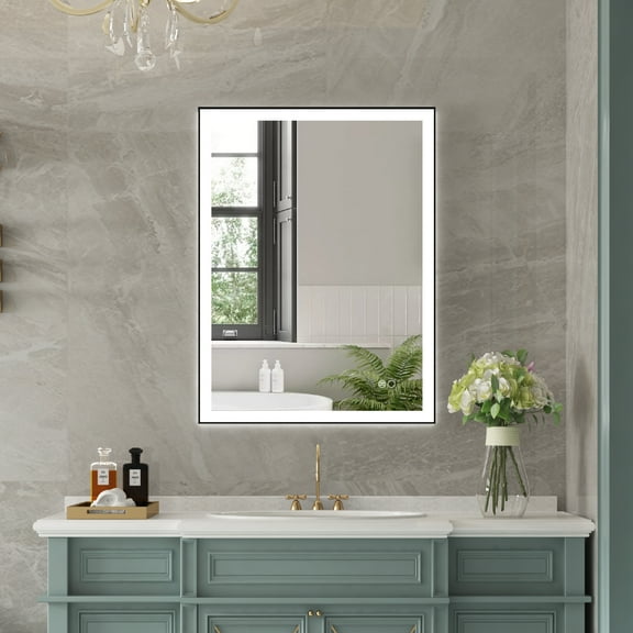 Forclover 24 x32 inch LED Bathroom Mirror, Wall-Mounted Bathroom Vanity Mirror with 3 Colors Light, Anti-Fog Dimmable Makeup Lighted Mirror with Touch Button, Horizontal/Vertical, Matte Black