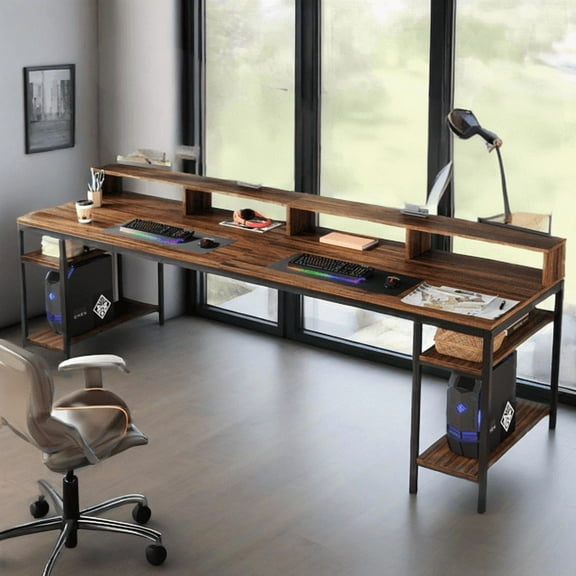 78.74" 2-Person Office Desk - Double Workstation with 4 Open Shelves, 2 Ergonomic Monitor Stands, 350lb Capacity - Rustic Brown & Black
