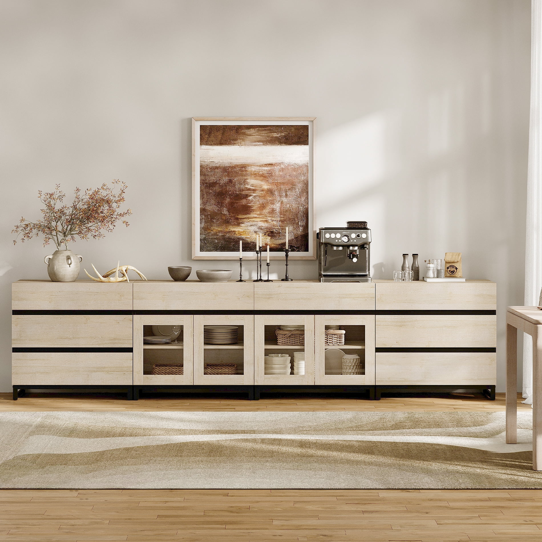 4-In-1 Multifunctional Sideboard Buffet with 8 Drawers, Modern Glass Door Credenza with Adjustable Shelf & Metal Base, Freestanding Storage Cabinet for Kitchen Living Room​,Beige