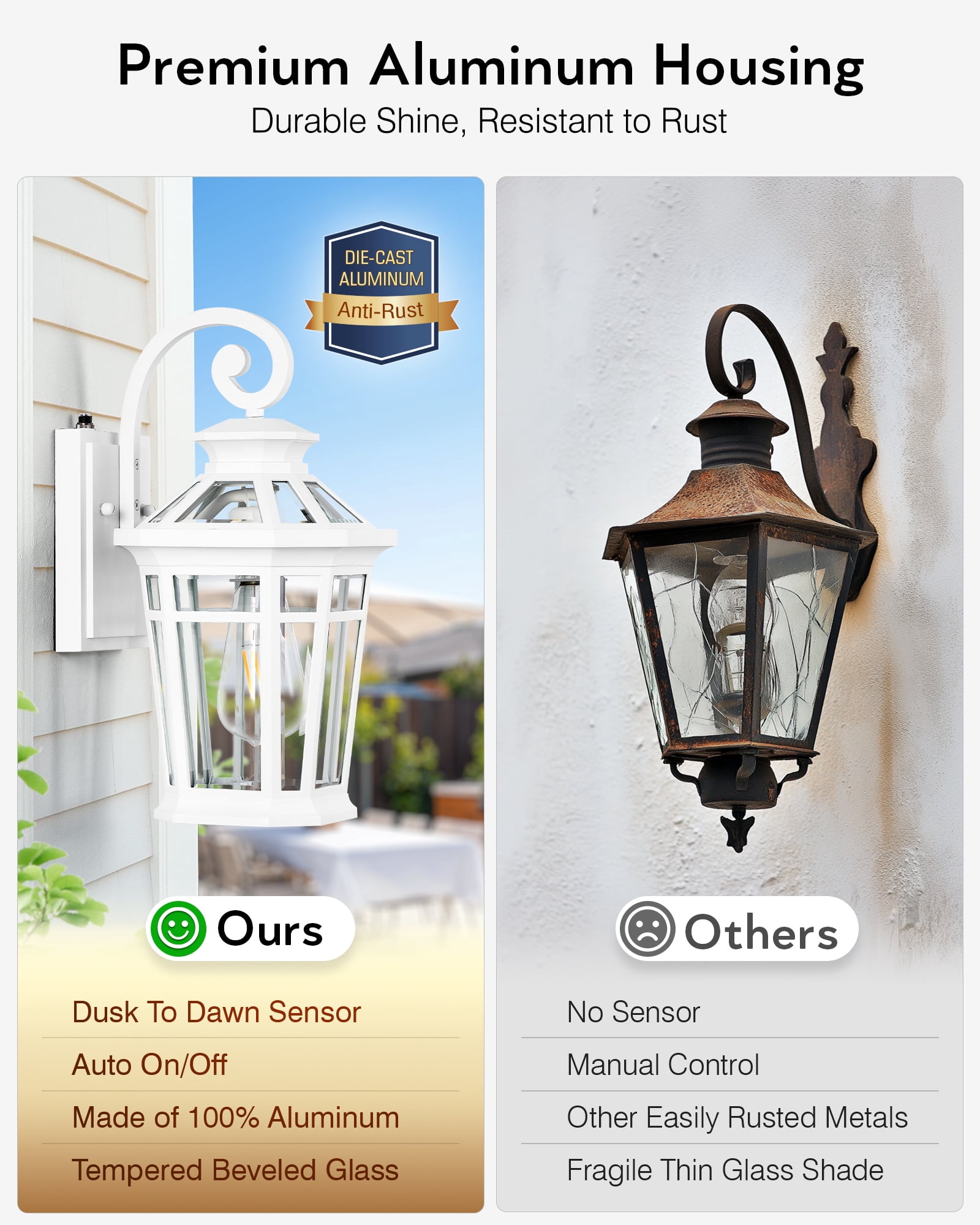 Dawn to Dusk Outdoor Light Fixture, White Front Porch Lights Wall Mount, Exterior Sconce Light with E26 Socket, Anti-Rust Coach Lights for Garage, Waterproof Outdoor Lighting for House, Patio