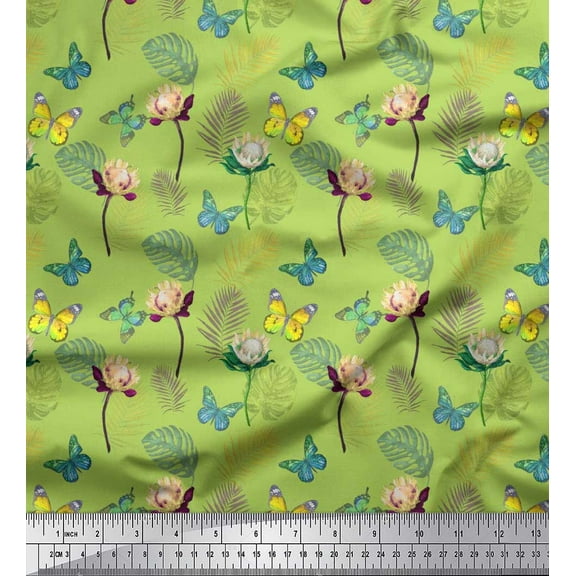 Soimoi Polyester Crepe Fabric Tropical Leaves,Floral & Butterfly Printed Fabric 1 Yard 42 Inch Wide