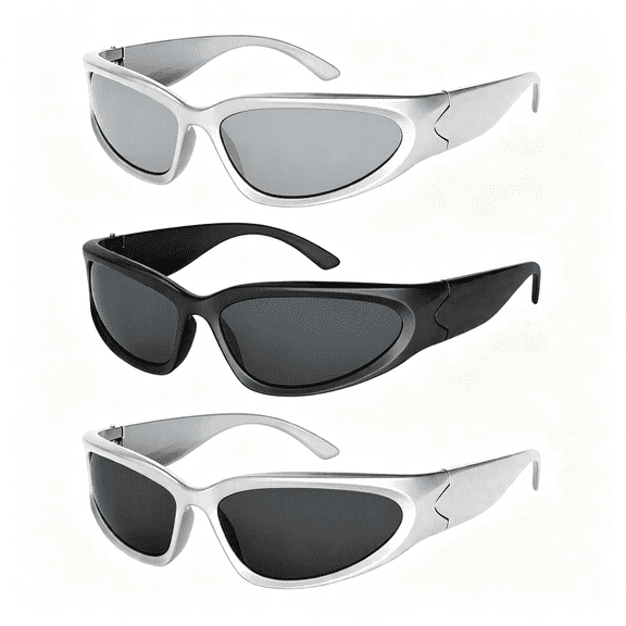 HBMYN 3Pack Y2K Wrap Around Sunglasses for Men Women Silver Glasses Retro 90S Fashion Sport Shades Eyeglasses Retro Style Rave Sunglasses