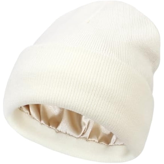 Satin Lined Beanie for Women, Women Satin Lined Knit Beanie Hat Solid Color Soft Warm Winter Sleep Casual Cap