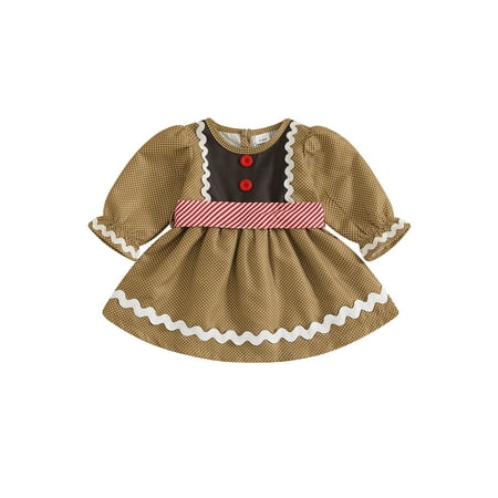 

TFFR Toddler Girls Christmas Dress 12M 18M 2T 3T 4T Kids Khaki Dot Print Long Sleeve A-Line Dress with Belt