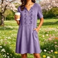 thumbnail image 2 of MaFYtyTPR Women's Short Sleeve Mini Dress Fashion Embroidered V-Neck Casual Linen Dress With Pockets For Summer Vacation Z-Purple L, 2 of 5