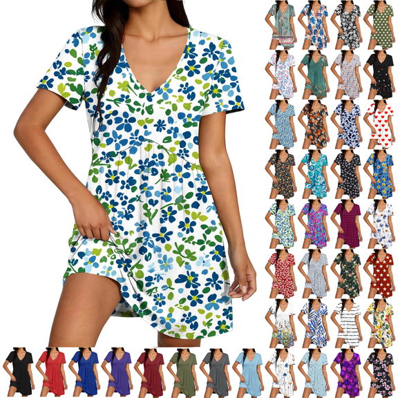 ZHYou Nightgowns for Women Short Sleeve V Neck Pleated Flowy Sleep Shirts Casual Soft Comfy Printed Sleepwear Dresses Light Blue XL