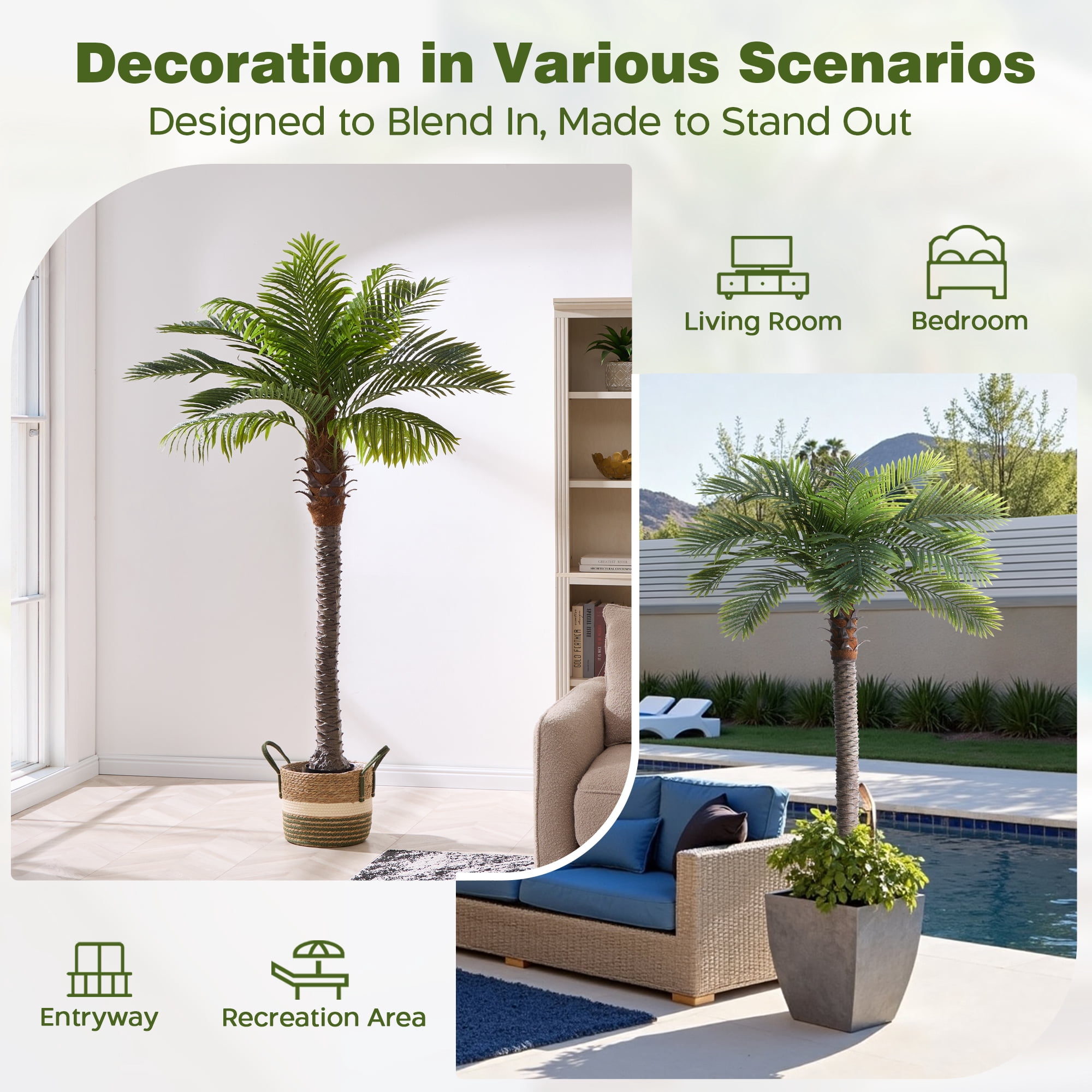 6FT Artificial Coconut Palm Tree (Set of 2),  Realistic Faux Sago Palm Plants for Indoor & Outdoor, Large Tropical Fake Trees for Home Office Garden Patio Poolside Decor
