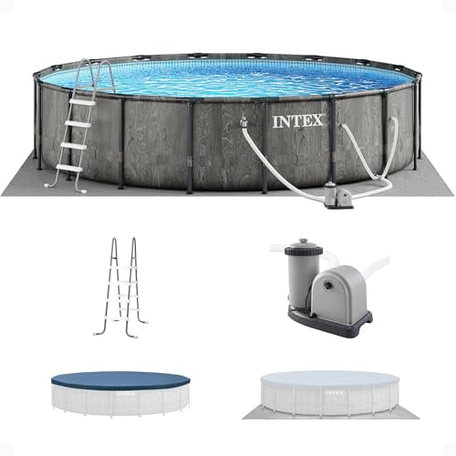 Intex Prism Frame Round Above Ground Outdoor Swimming Pool Set with Filter Pump, Ladder, Ground Cloth, and Pool Cover, Greywood