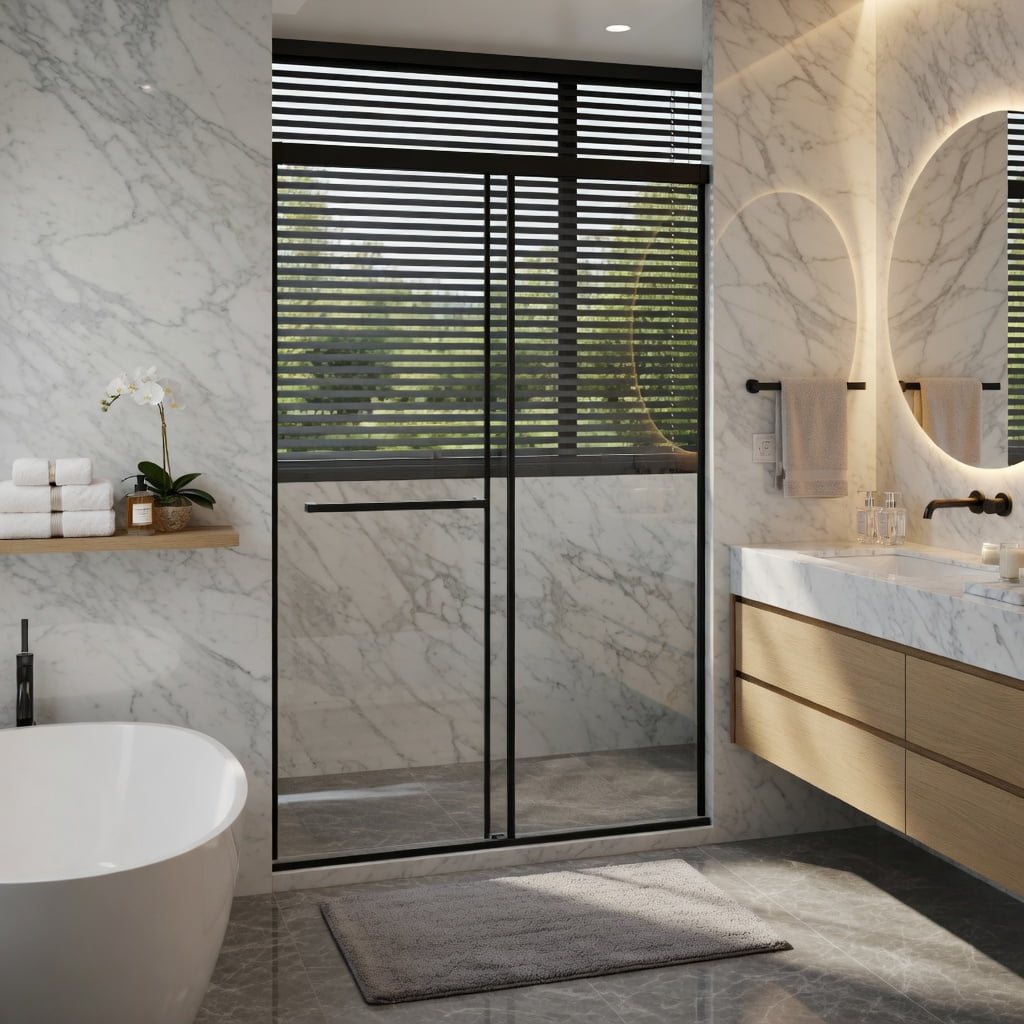 Hommoo 48"W x 72"H Frameless Dual Sliding Shower Door, Soft-Close Buffer Track, Leak-Proof Extended Metal Threshold, Black & Transparent