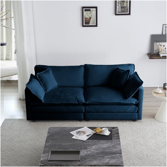 Blue Chenille Loveseat Sofa for Living Room, Modern Upholstered 2-Seater Couch with Deep Seat and 4 Pillows