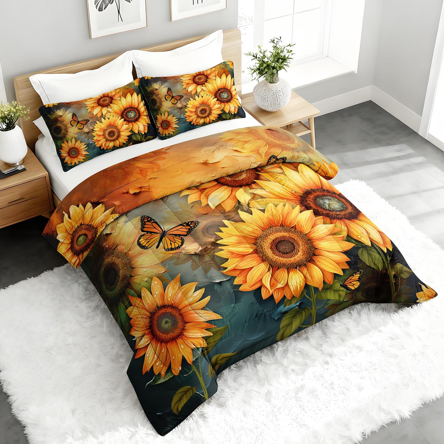 3pcs Sunflower Butterfly Comforter Set, Rustic Bedding Set for Bedroom or Guest Room Decor, All Seasons Quilt Machine Washable Duvet with 2 Pillowcases