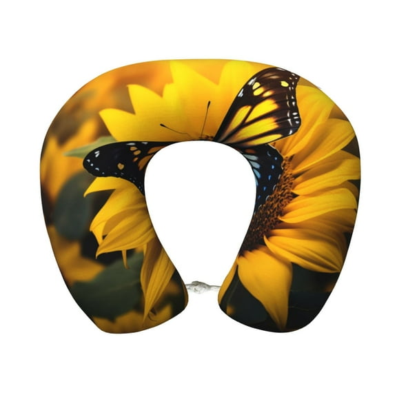 Easygdp Butterfly On Sunflower Travel Pillow Memory Foam, Head Neck Support Airplane Pillow for Traveling, Car, Home, Travel Neck Flight Pillow