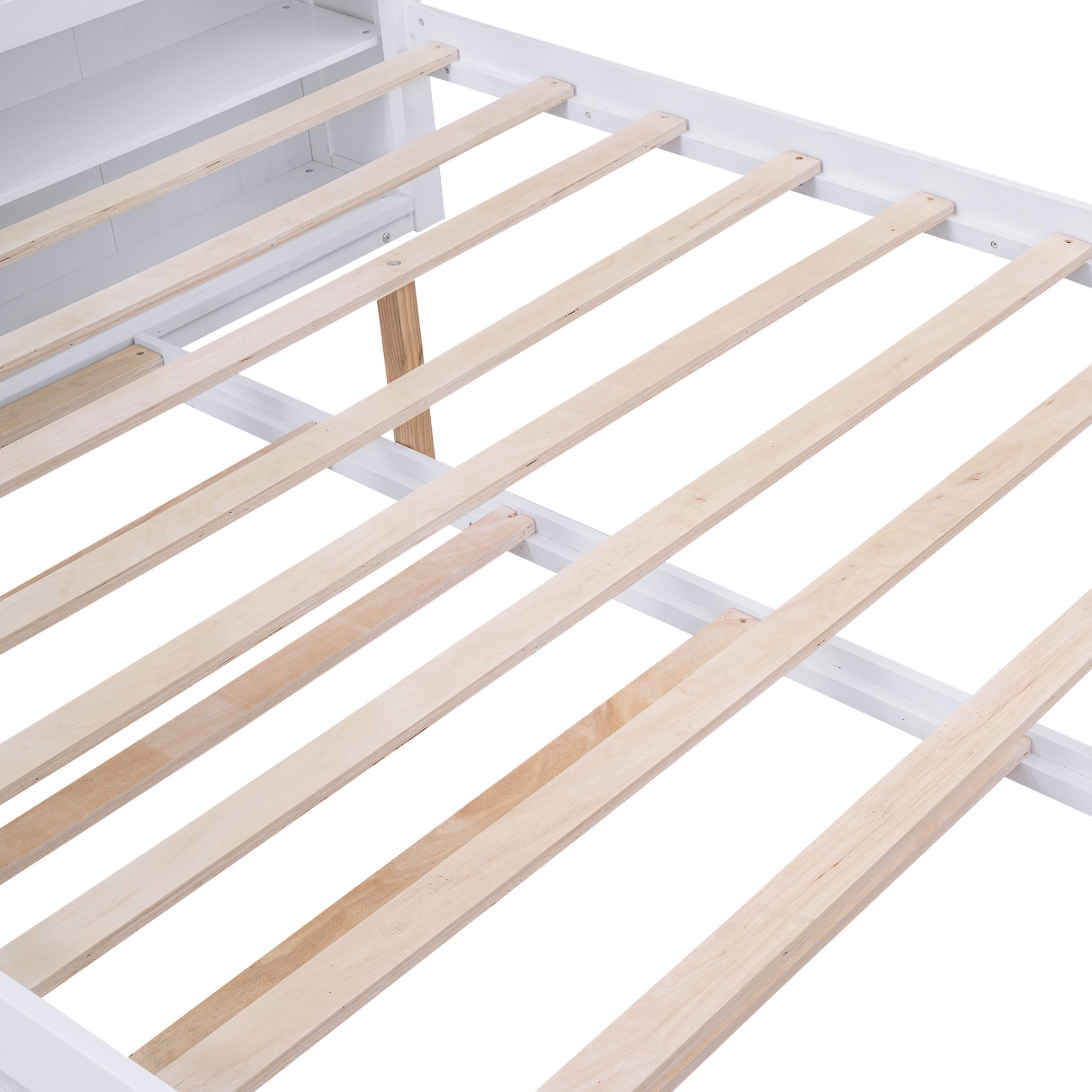 Noble House Fenfi Queen Size Storage Platform Bed with Pull Out Shelves and Twin Trundle, Solid Pine Wood Frame, White