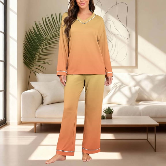 LEWKW Women's Ombre Printed Pajama Sets Long Sleeve V Neck Top & Pants Sleepwear 2 Piece Gradient Loungewear Soft Comfy Nightwear Matching Outfits