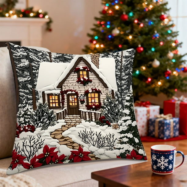 Herunwer Christmas Snowman Reindeer Gloves Eucalyptus Throw Pillow Covers, Winter Holiday Stripes Cushion Case Decoration for Sofa Couch