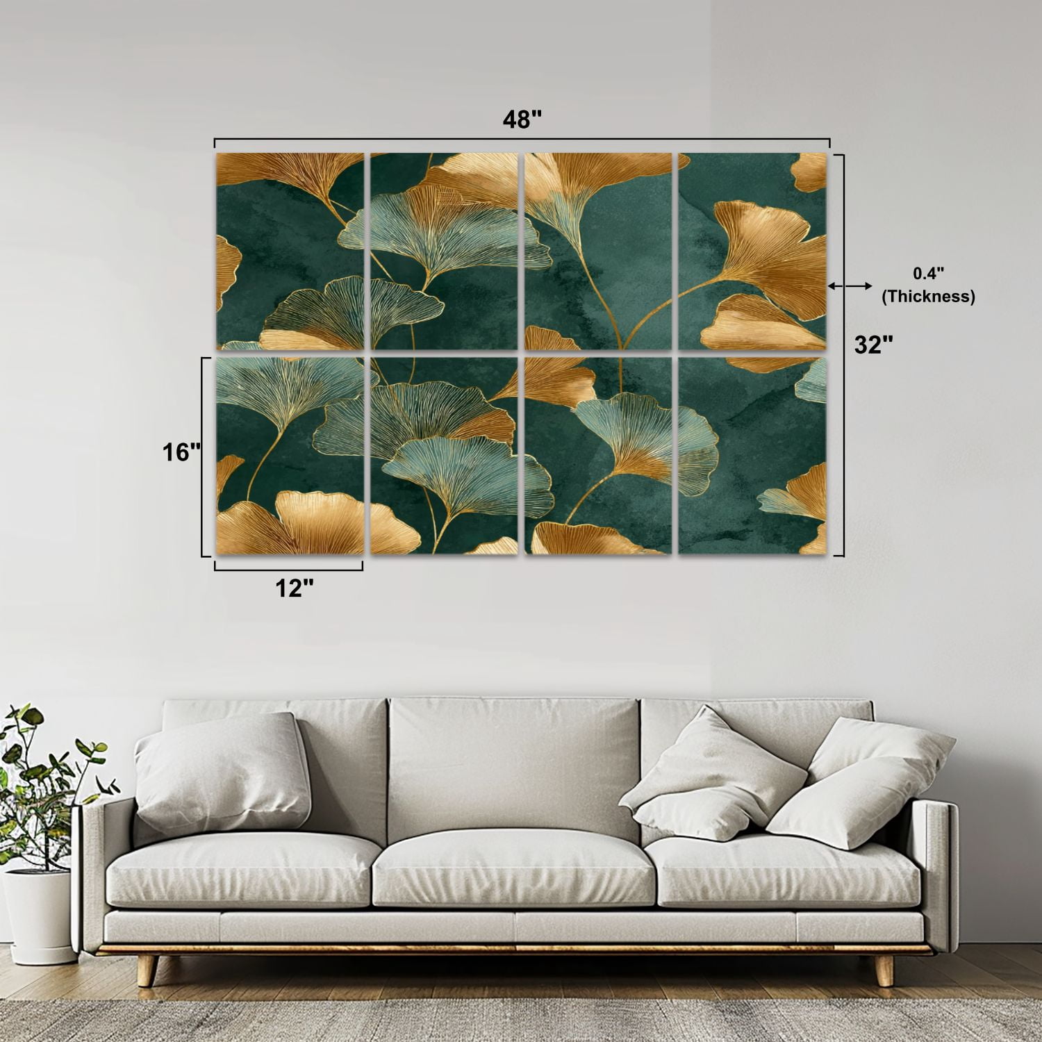 8 Pack Art Acoustic Panels Sound Absorbing Elegant Ginkgo Leaves Gold Decorative Soundproof Wall Panels Self Adhesive for Nursery Game Room Bedroom 48"x32"