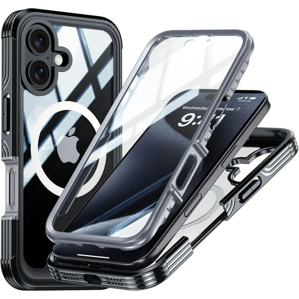 Funda para iPhone 16, carcasa protectora completa, resistente, transparente, híbrida, magnética, de TPE PC con pantalla integrada, a prueba de golpes, para iPhone 16 (6.1 pulgadas, 2024)
