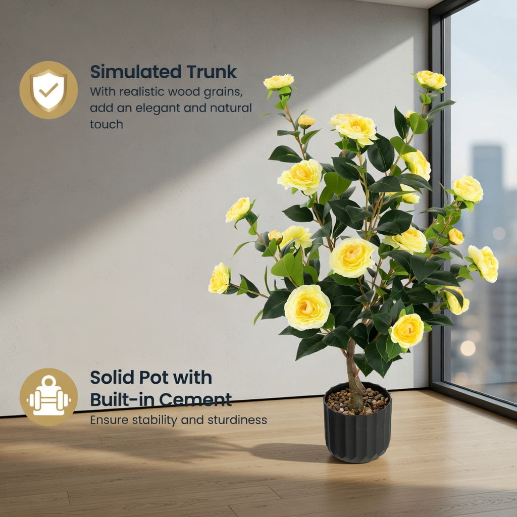 Spaco 38 Inch Artificial Flower Plant in Cement Pot, Artificial Camellia Tree Faux Flower Plant, Artificial Flower for Indoor and Outdoor, Yellow