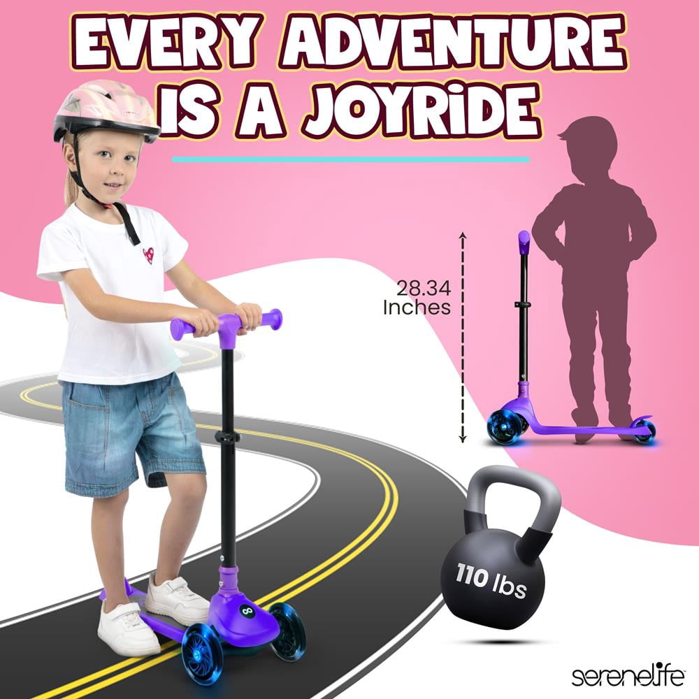 3-Wheel Foldable Kids Scooter - Child Toy Scooter with Built-in LED Wheel Lights, and Easy Maneuvering Lean-to-Steer Technology (Purple)