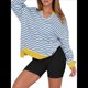 thumbnail image 3 of Sudaderas Oversize para Mujer, Camisetas de Larga con Cuello en V, Jersey Holgado, Atuendo de Otoño 2025. Rayas Azul L, 3 of 8