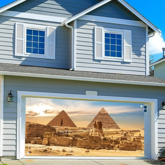 16X7 ft Egypt Garage Door Decoration Background Egyptian Pyramid Sphinx Scenery Blue Sky White Clouds Photography Backdrop Travel Themed Kids Birthday Party Decor Banner Cover