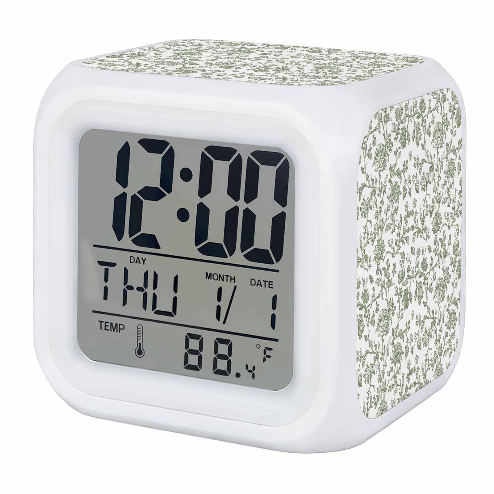 Vintage Green Floral Alarm Clock, Farmhouse Flower Pastoral Style Digital Clock Night Light with 7 Color, Calendar Temperature Display, LED Desk Small Clock for Bedrooms Bedside Living Room