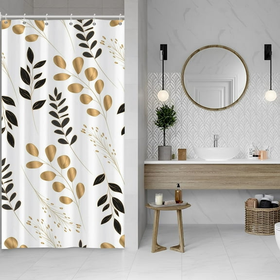 White Shower Curtain for Stall Bathroom Gold Black Eucalyptus Leaves Neutral Farmhouse Room Partition Home Decor Botanical Plants Waterproof Fabric RV Shower Curtains 36x72inches with Hooks
