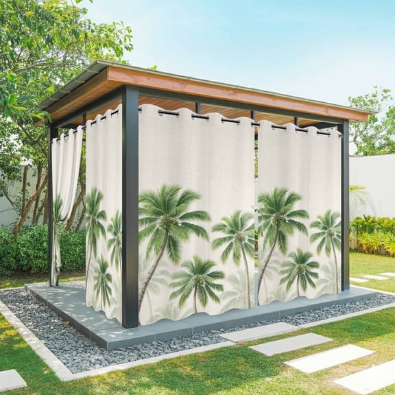Green Palm Trees Outdoor Curtains for Patio, Coastal Coconut Leaf Vintage Tropical Plant Summer Sunshade Privacy Drapes Grommet Waterproof Outside Curtains for Porch/Cabana/Balcony 54"x 84", 2 Panel