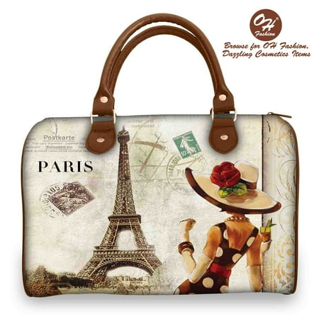 OH Fashion Women Handbag Satchel Bag LADY IN PARIS PU Leather Barrel Handbag Shoulder Bag Tote Purse Cities Design Travel Bag All Around the World Collection