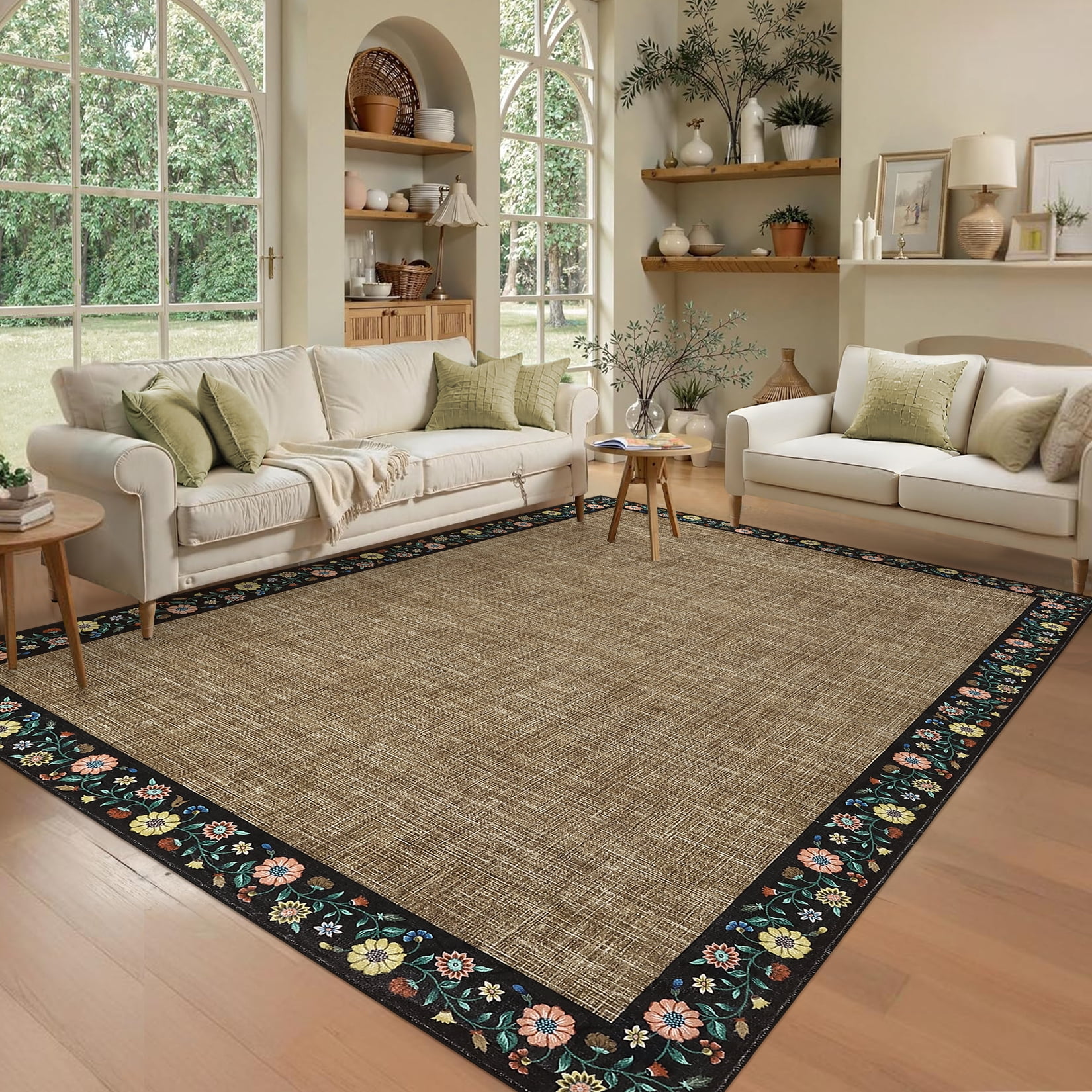 Hasoo Washable Living Room Area Rug 8x10 Large Modern Floral Border Soft Stain Resistant Indoor Brown Carpet