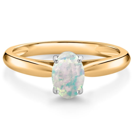 Gem Stone King 10K Yellow Gold White Opal Solitaire Engagement Ring for Women (1.00 Cttw, Oval Cabochon 7X5MM, Gemstone October Birthstone, Size 6)