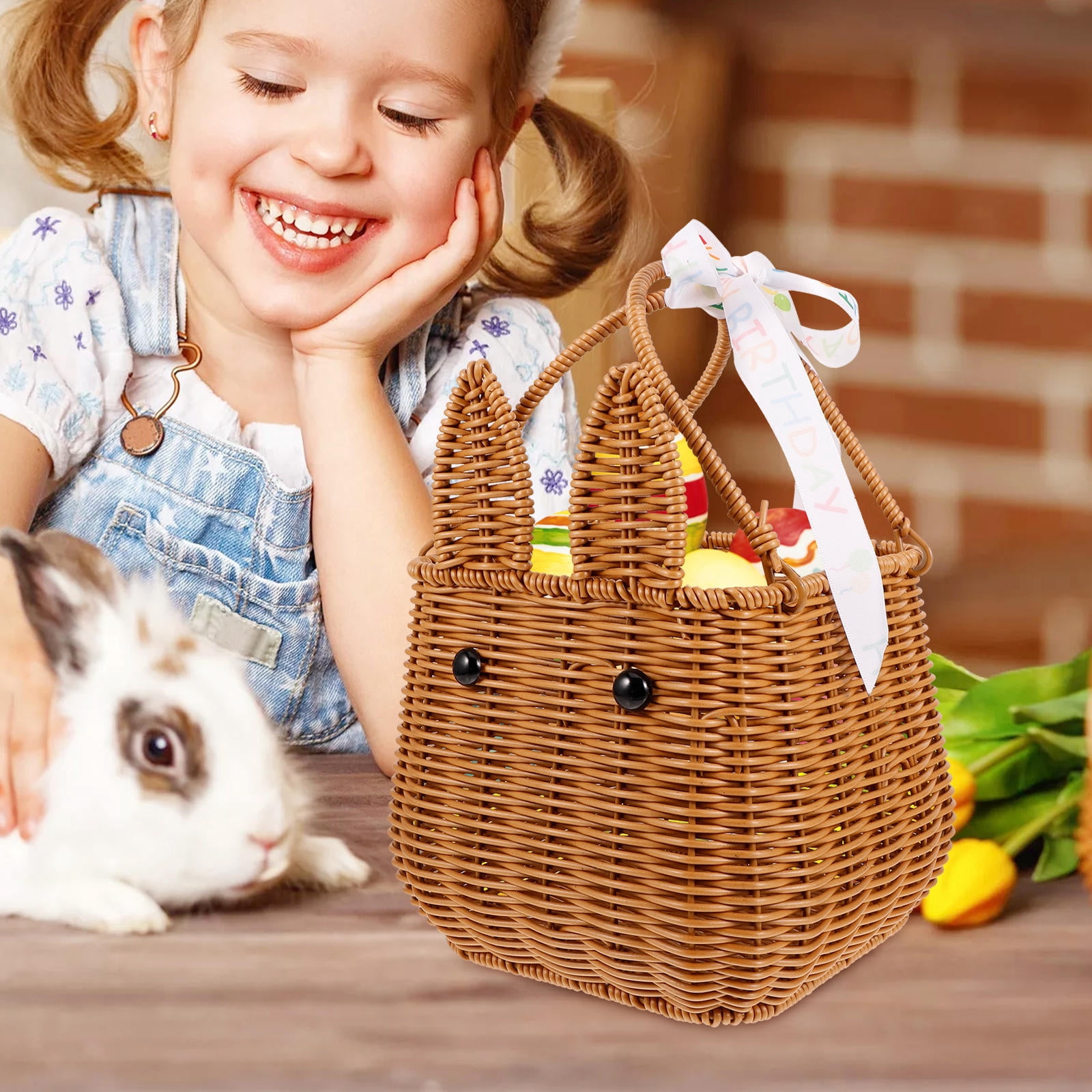 TEHAUX Brown Woven Bunny Handheld Basket for Easter Hunt, Candy Storage and Holiday Decoration