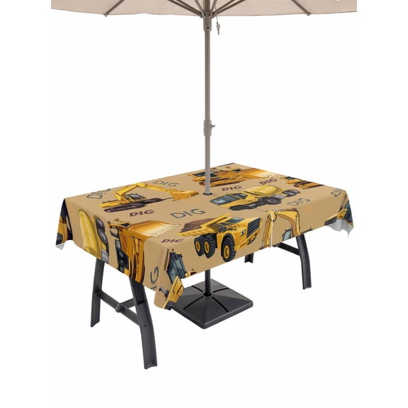 Outdoor Tablecloth with Umbrella Hole for Patio/Picnic/Party/Camping, Construction Truck Waterproof Table Cloth Rectangle Table Cover Washable, Cartoon Grips and Bulldozers Turmeric (52"x 70")