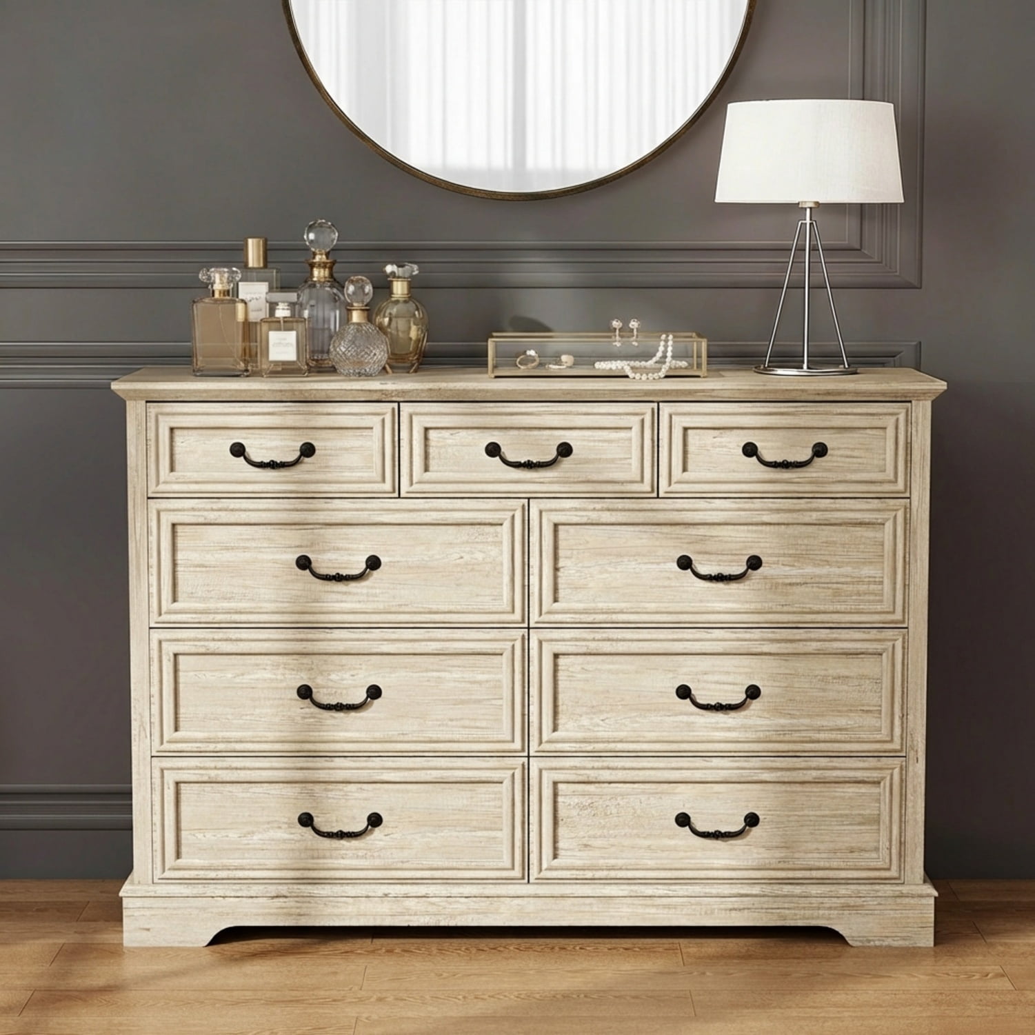 Farmhouse 9-Drawer Dresser, Rustic Wood Chest of Drawers with Large Storage, Natural Oak