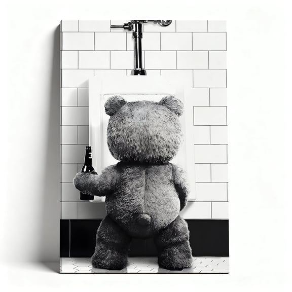 Teddy Bear Urinal Beer Canvas Wall Art, Humorous Black And White Bathroom Decor, Funny Pop Culture Meme Artwork For Bathroom, Living Room, Man Cave, Ready To Hang 8*12inch(20*30cm)