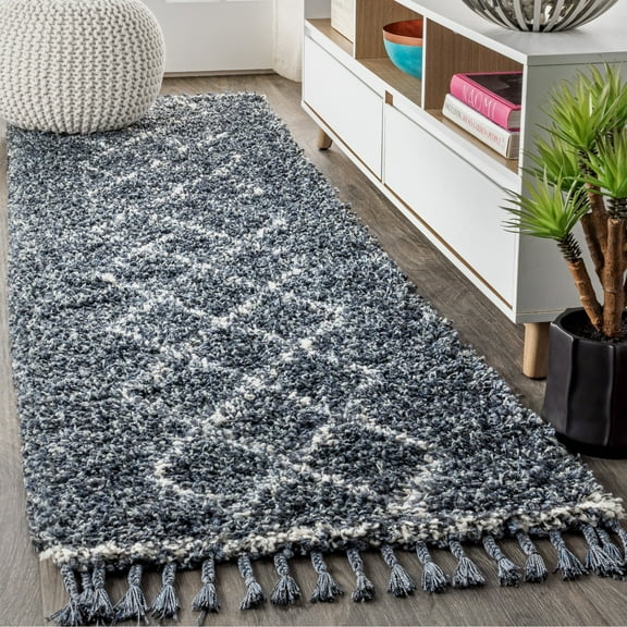 JONATHAN Y MERCER SHAG 2 x 8 Runner Rug, Mercer Plush Tassel Moroccan Geometric Trellis - Denim Blue/Cream, MCR103A-28