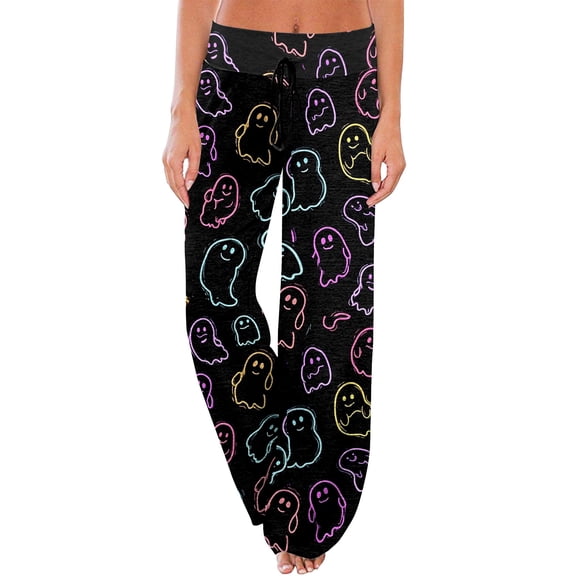 Domzest Halloween Womens Pajama Pants Drawstring Elastic Waisted Pumpkin Ghost Bat Graphic Sleepwear Wide Leg Cute Pajama Bottoms Multicolor M