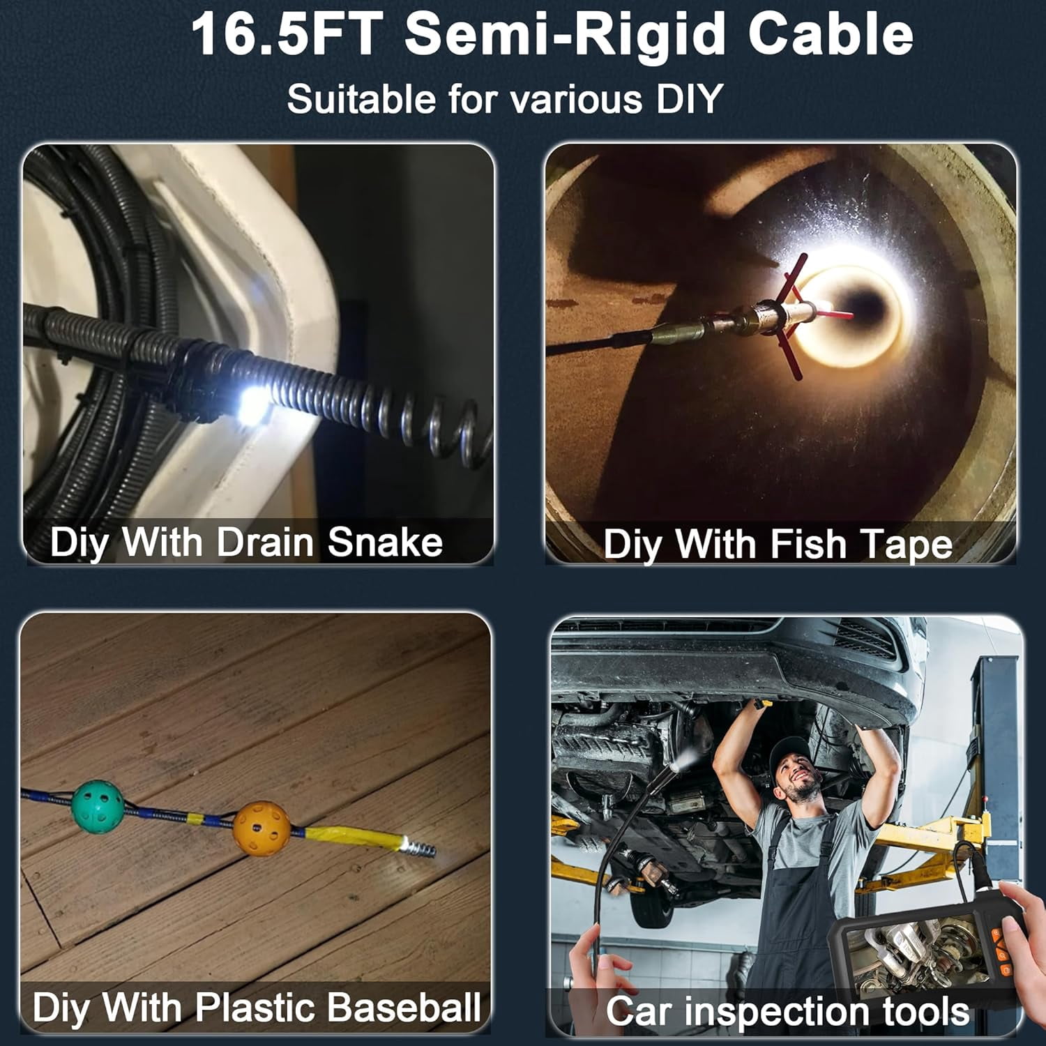Binazon 4.3 Inch Endoscope Camera Borescope, 16.5FT Semi-Rigid Cable, HD1080P Screen 8mm Single Lens 2000mAh