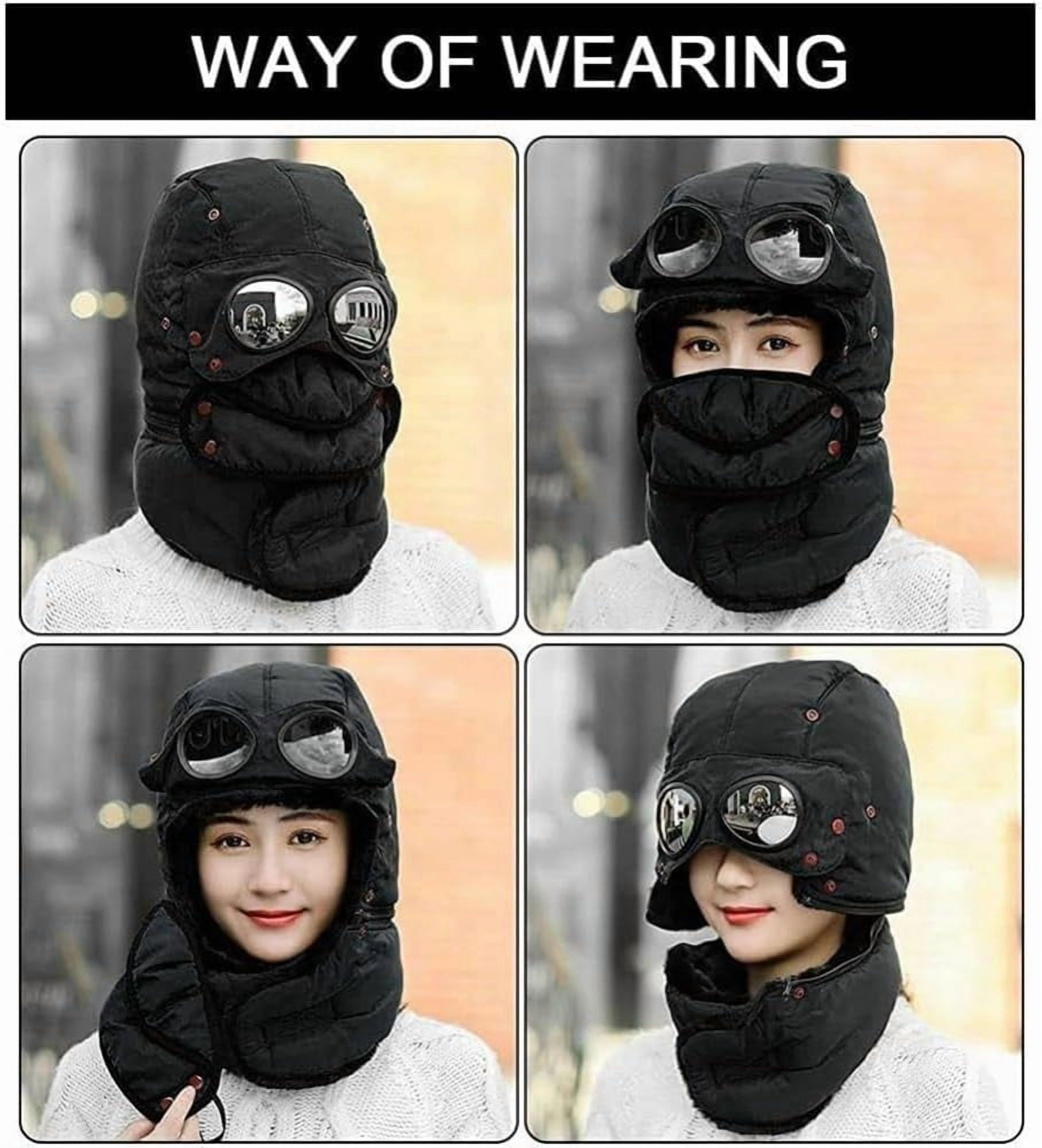 Winter Thermal Hat with Glasses, Winter Pilot Hat Trapper Hats, Beanie with Goggles, Cycling Windproof Ski Mask Cap