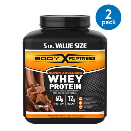 (2 Pack) Body Fortress Super Advanced Whey Protein Powder, Chocolate, 60g Protein, 5
