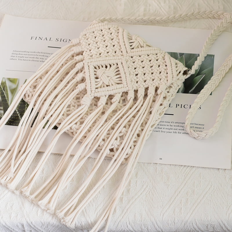 Handwoven Cotton Straw Shoulder Bag Crochet Tassel Beach Bohemian Purse for Women Mini Bag white